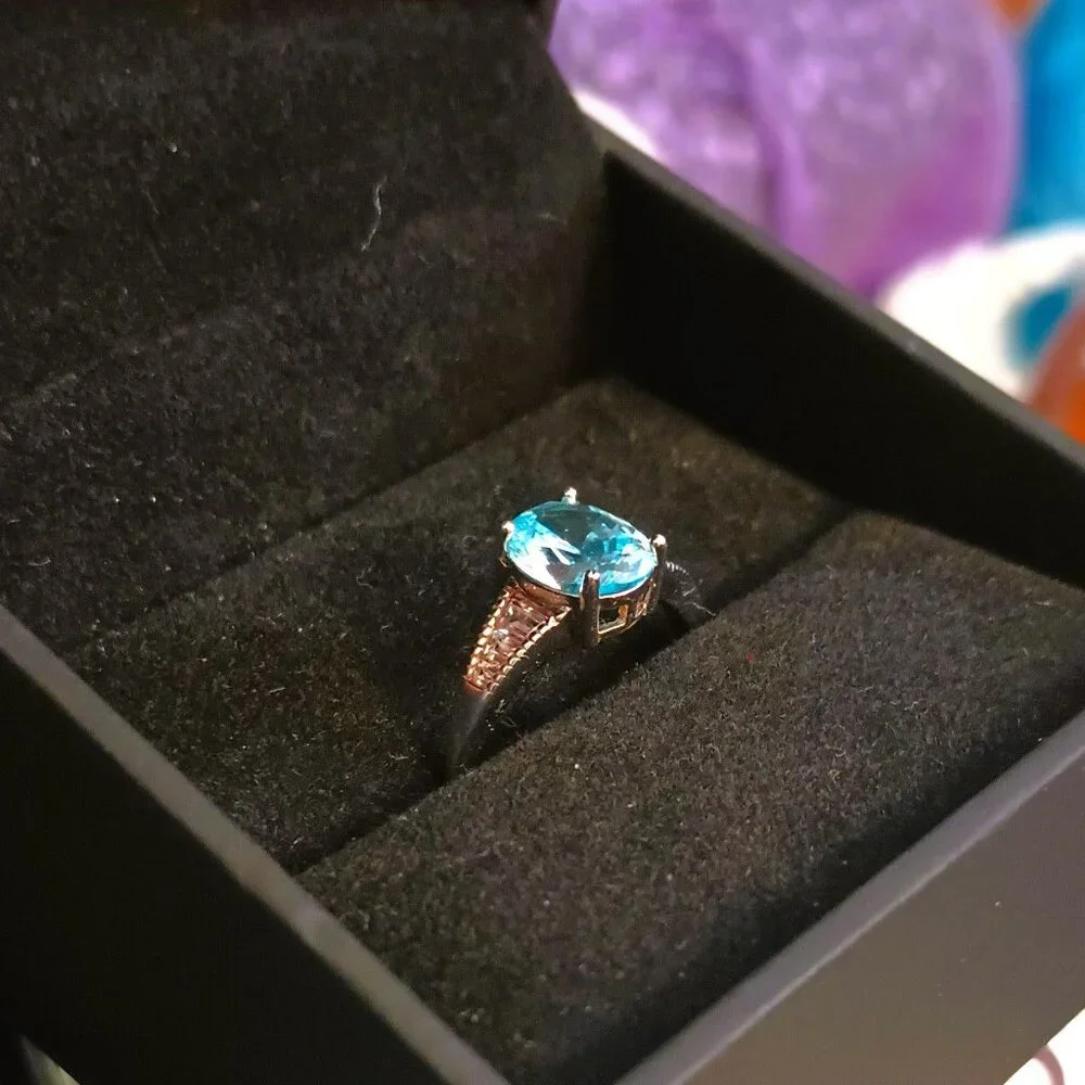 IBB 925 Light Blue Ring 7 Sterling Silver Solitaire with Clear Baguettes